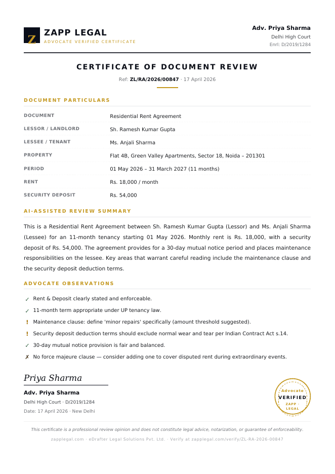 Sample Zapp Legal Advocate Verified certificate