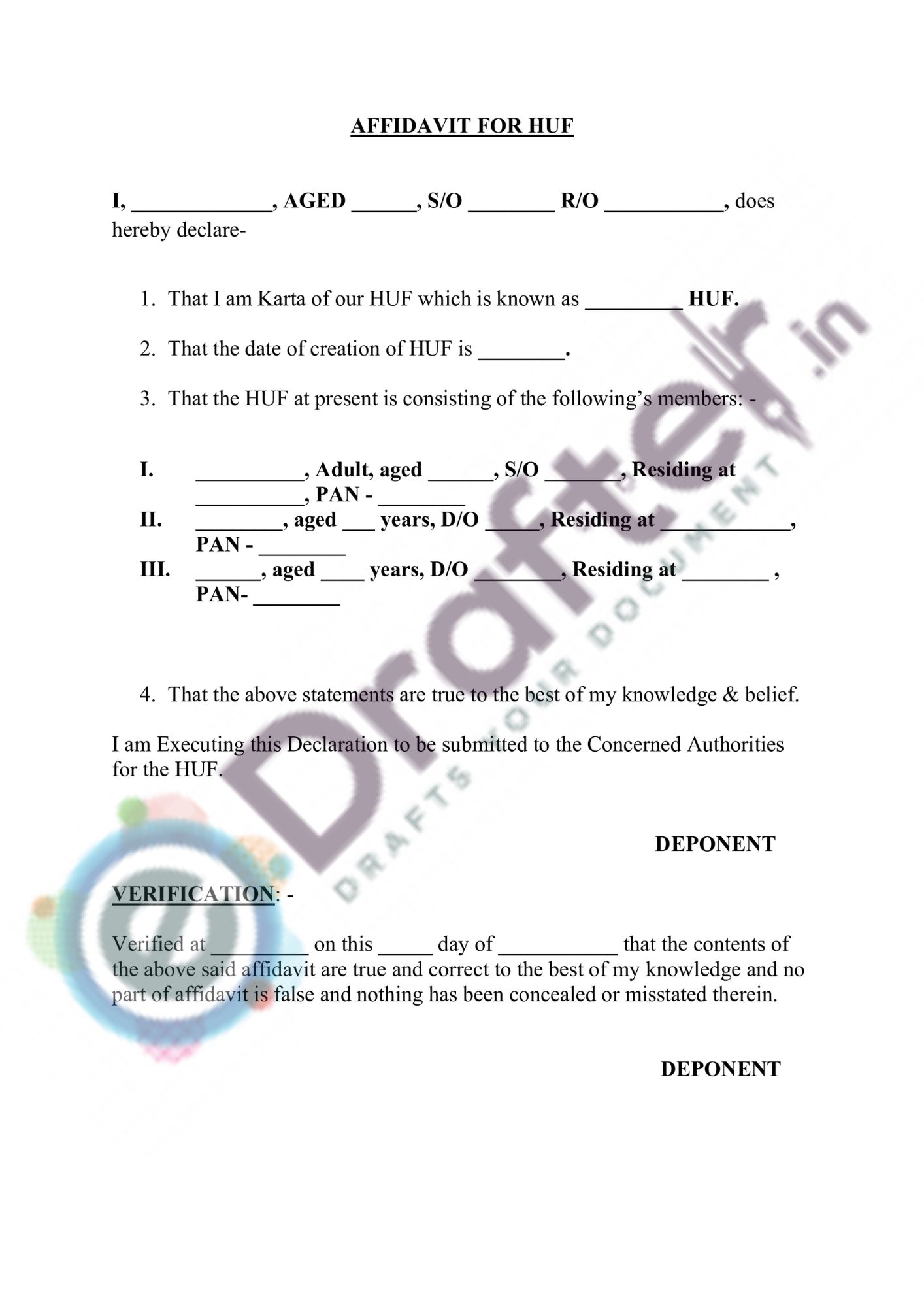 HUF AFFIDAVIT