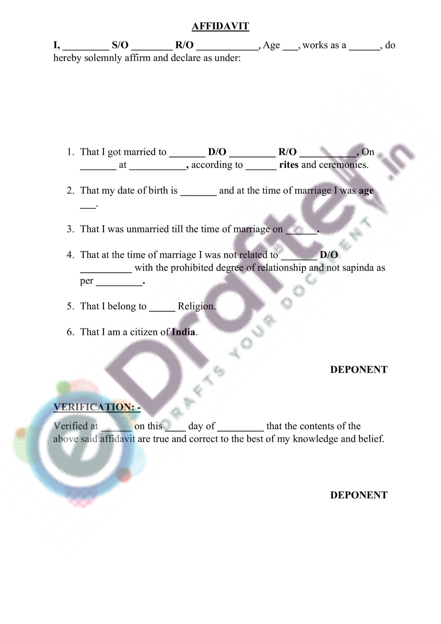 Individual Affidavit for Marriage Registration