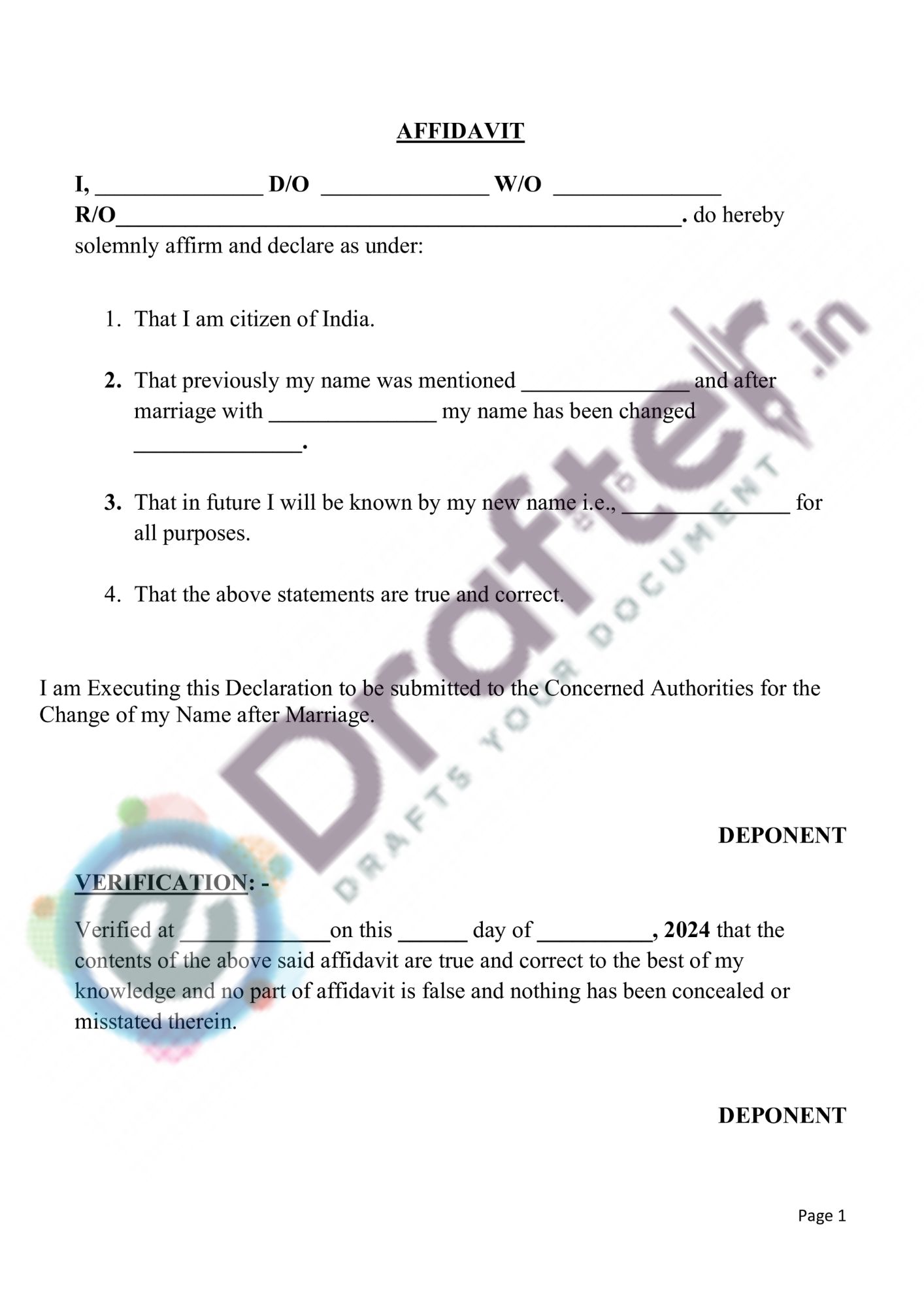 Name Change after marriage Affidavit Sample