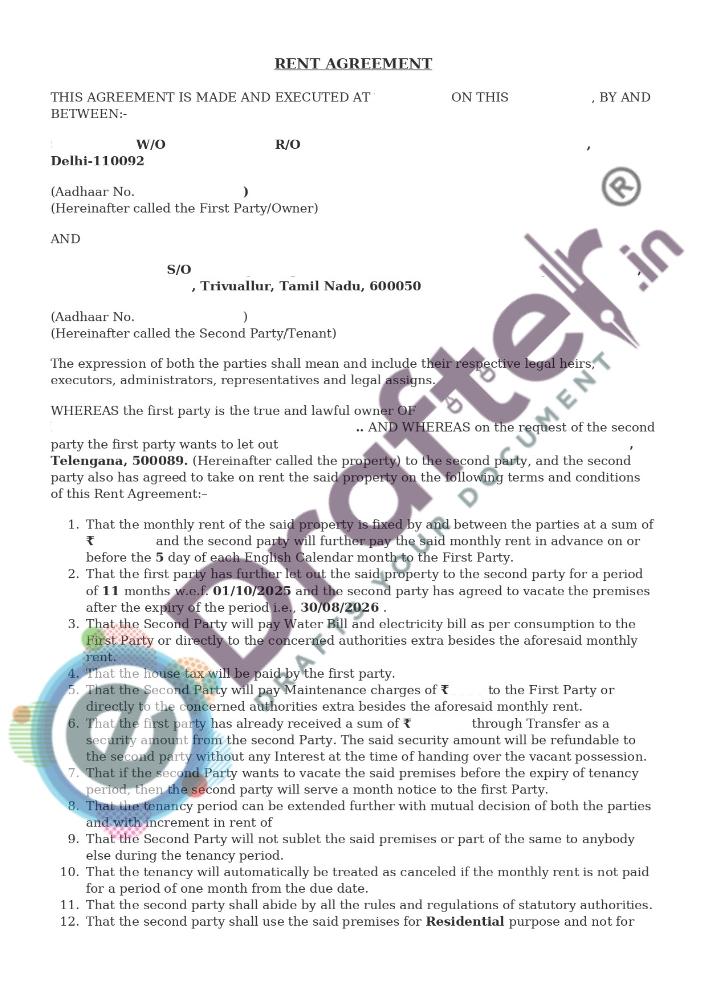 Rent Agreement Sample - Page 1
