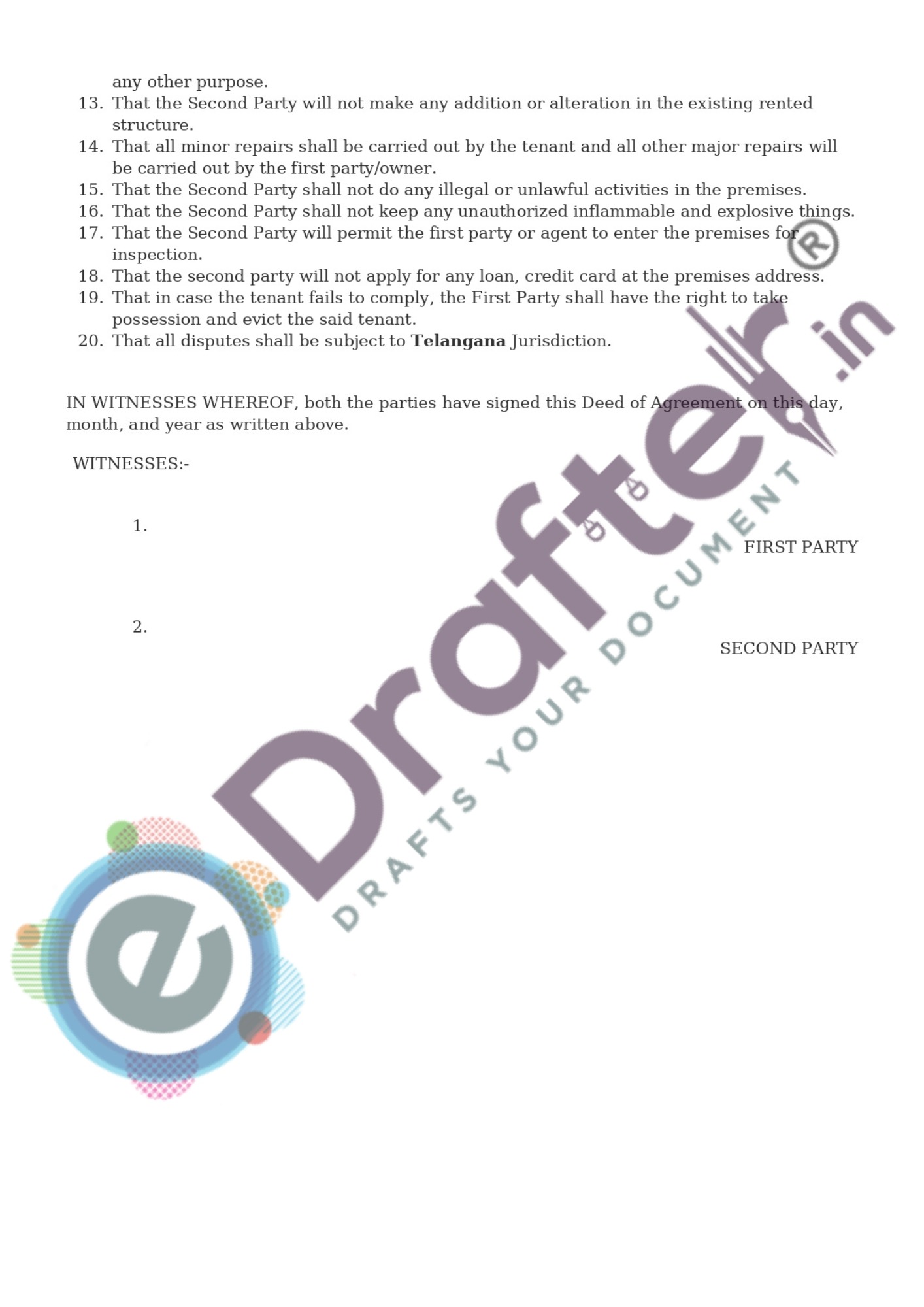 Rent Agreement Sample - Page 2