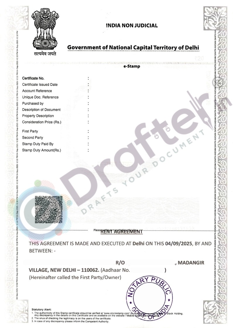 Delhi Rent Agreement Sample - Page 1