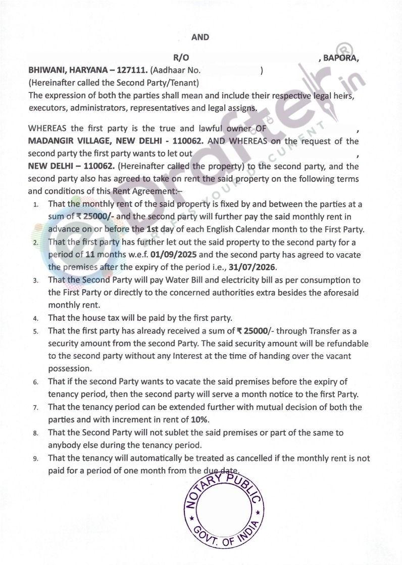 Delhi Rent Agreement Sample - Page 2