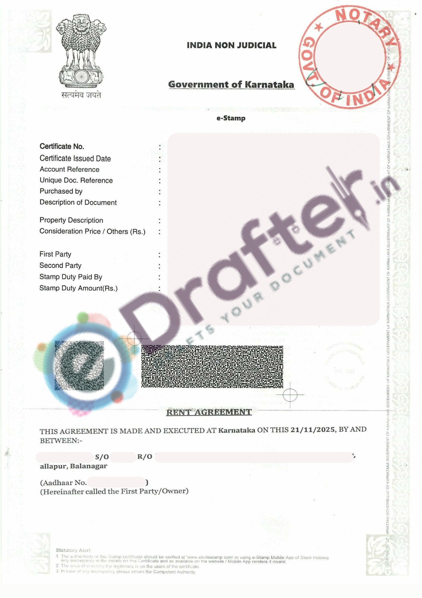 Karnataka Rent Agreement Sample Page - 1