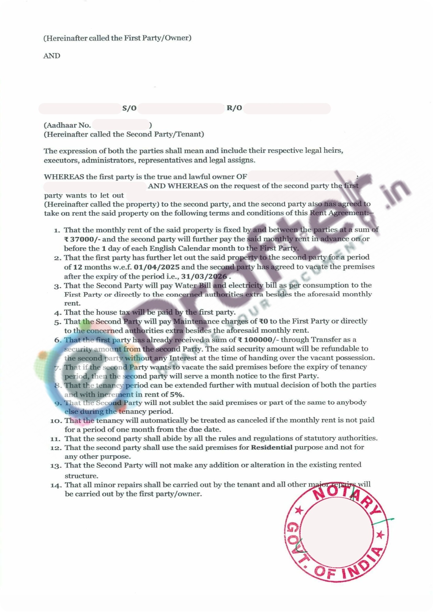 Karnataka Rent Agreement Sample Page - 2