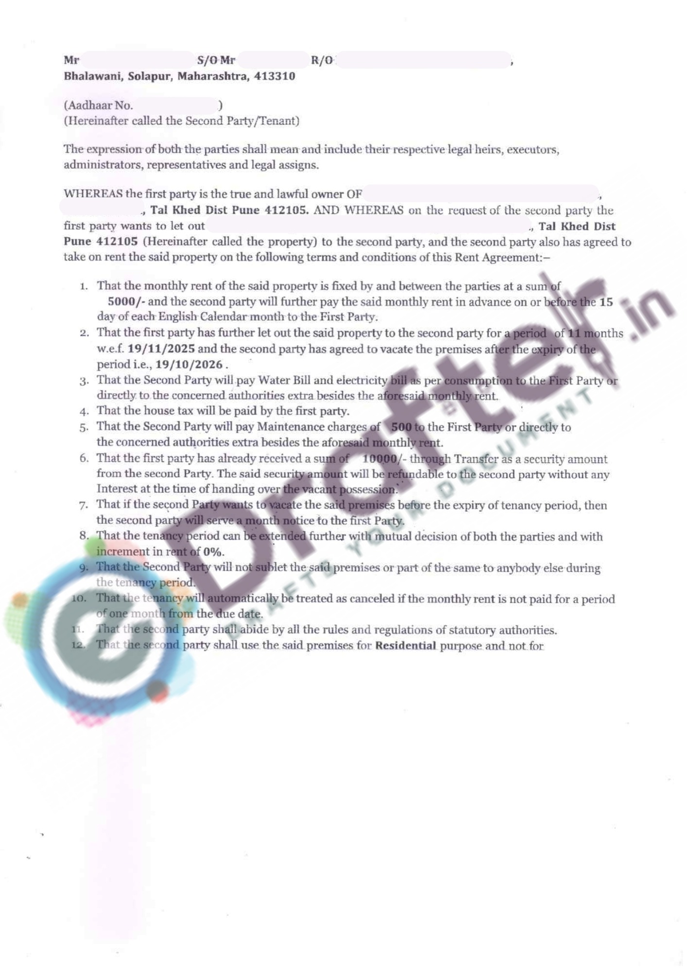 Maharashtra Rent Agreement Sample Page - 2