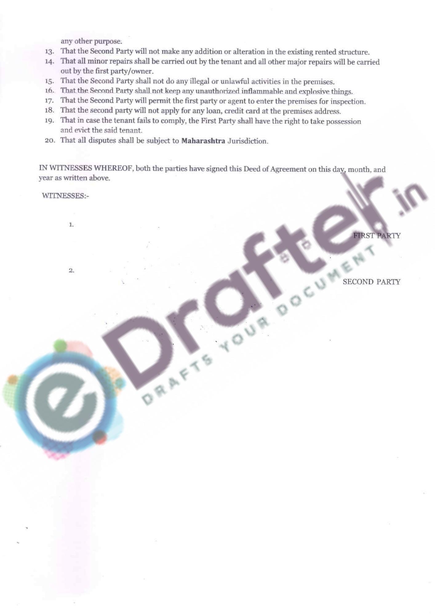 Maharashtra Rent Agreement Sample Page - 3