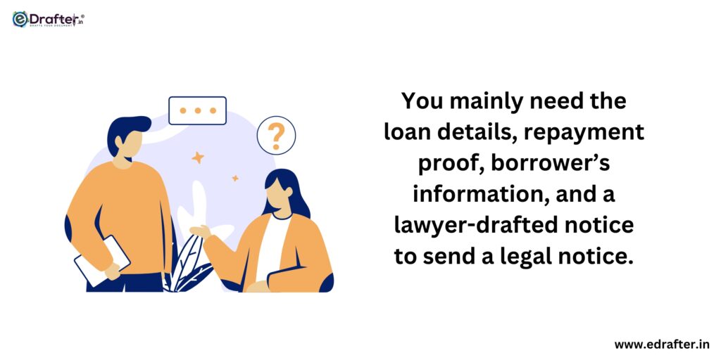 documednt required to sent legal notice for loan recovery.