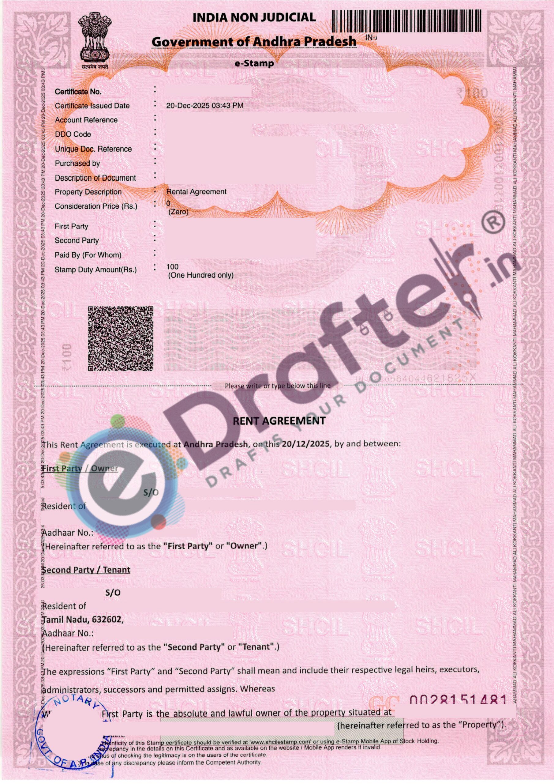 Andhra Pradesh Rent Agreement Sample - Page No. 1