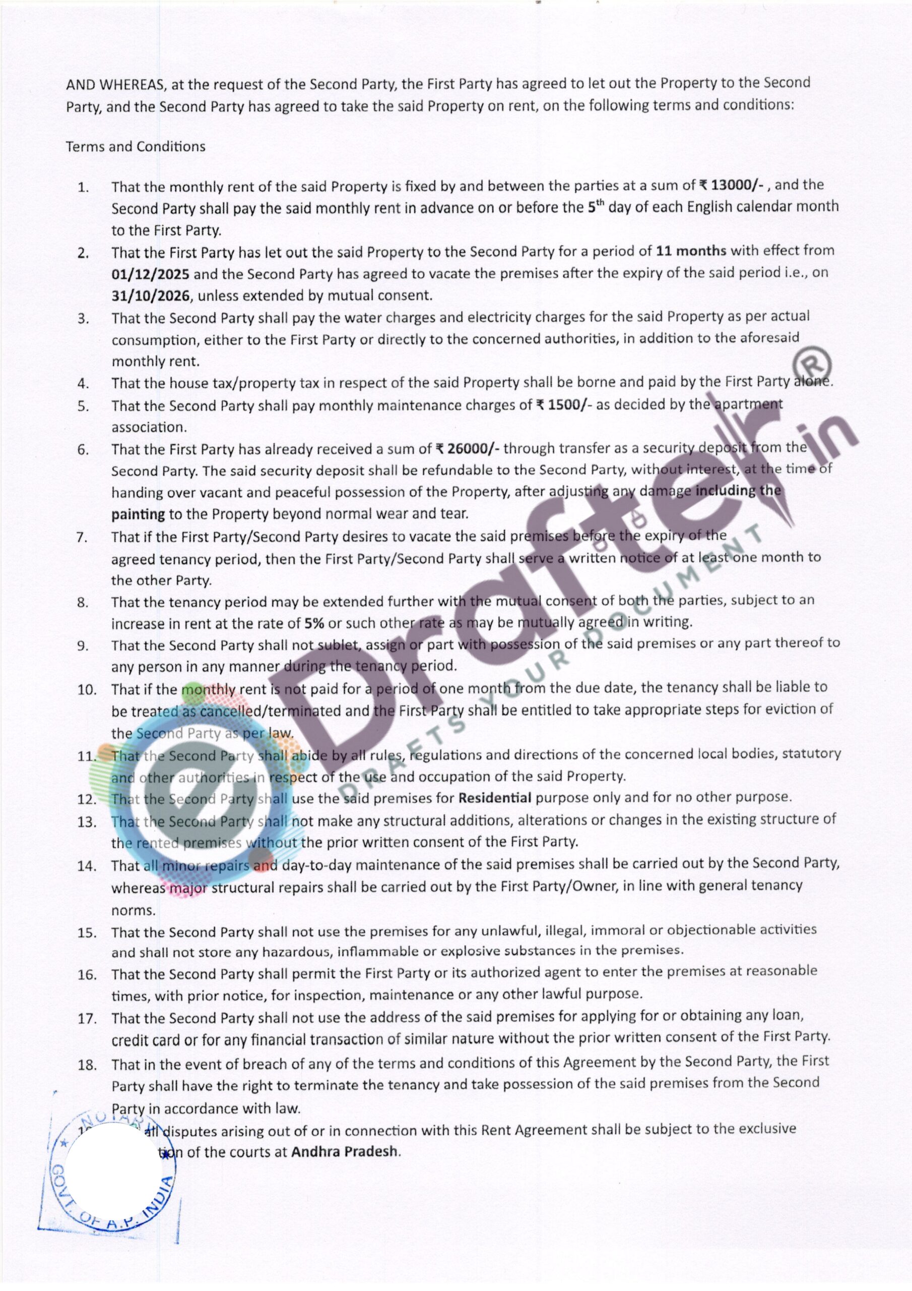 Andhra Pradesh Rent Agreement Sample - Page No. 2