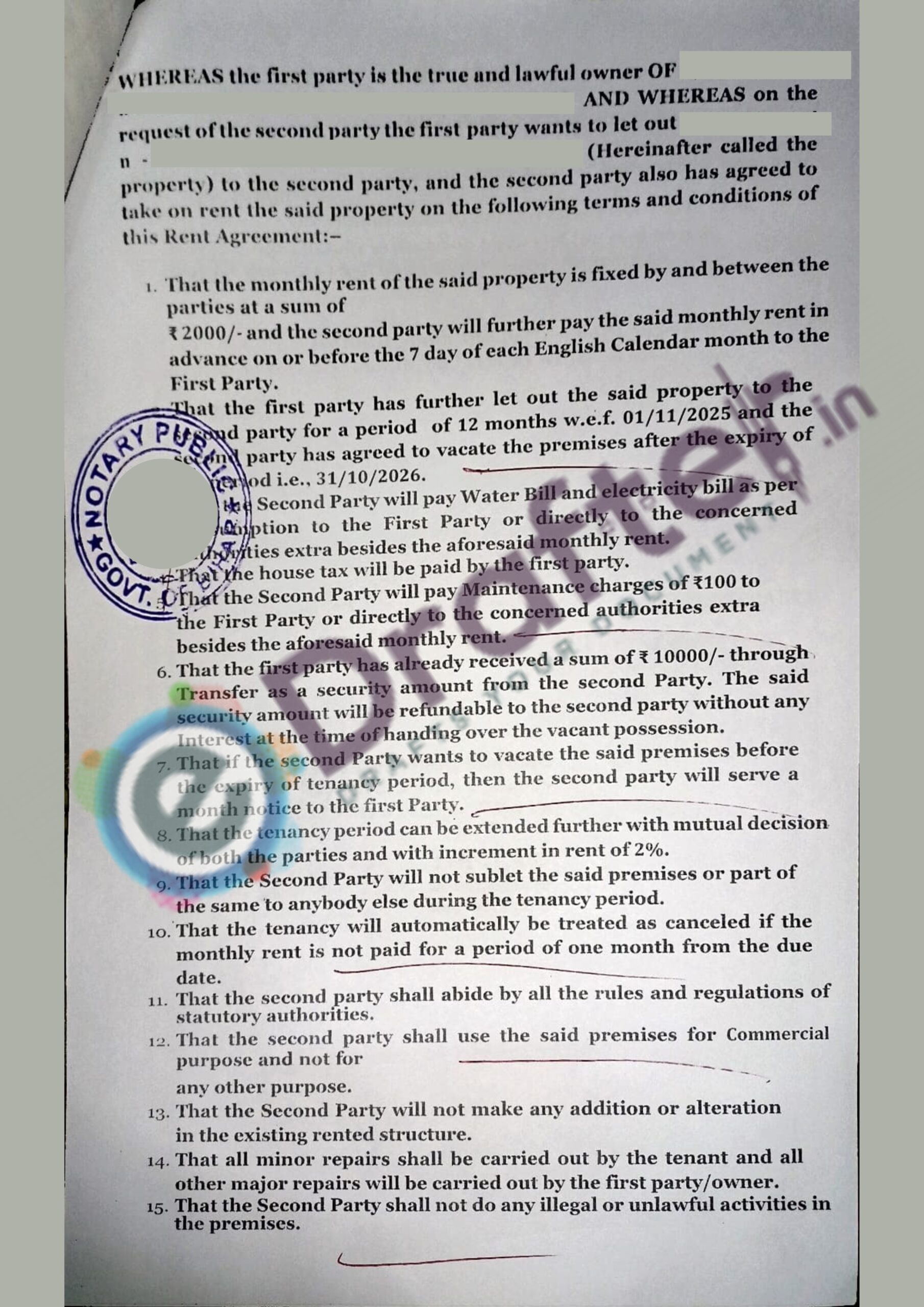 Bihar Rent Agreement Sample - Page No. 2
