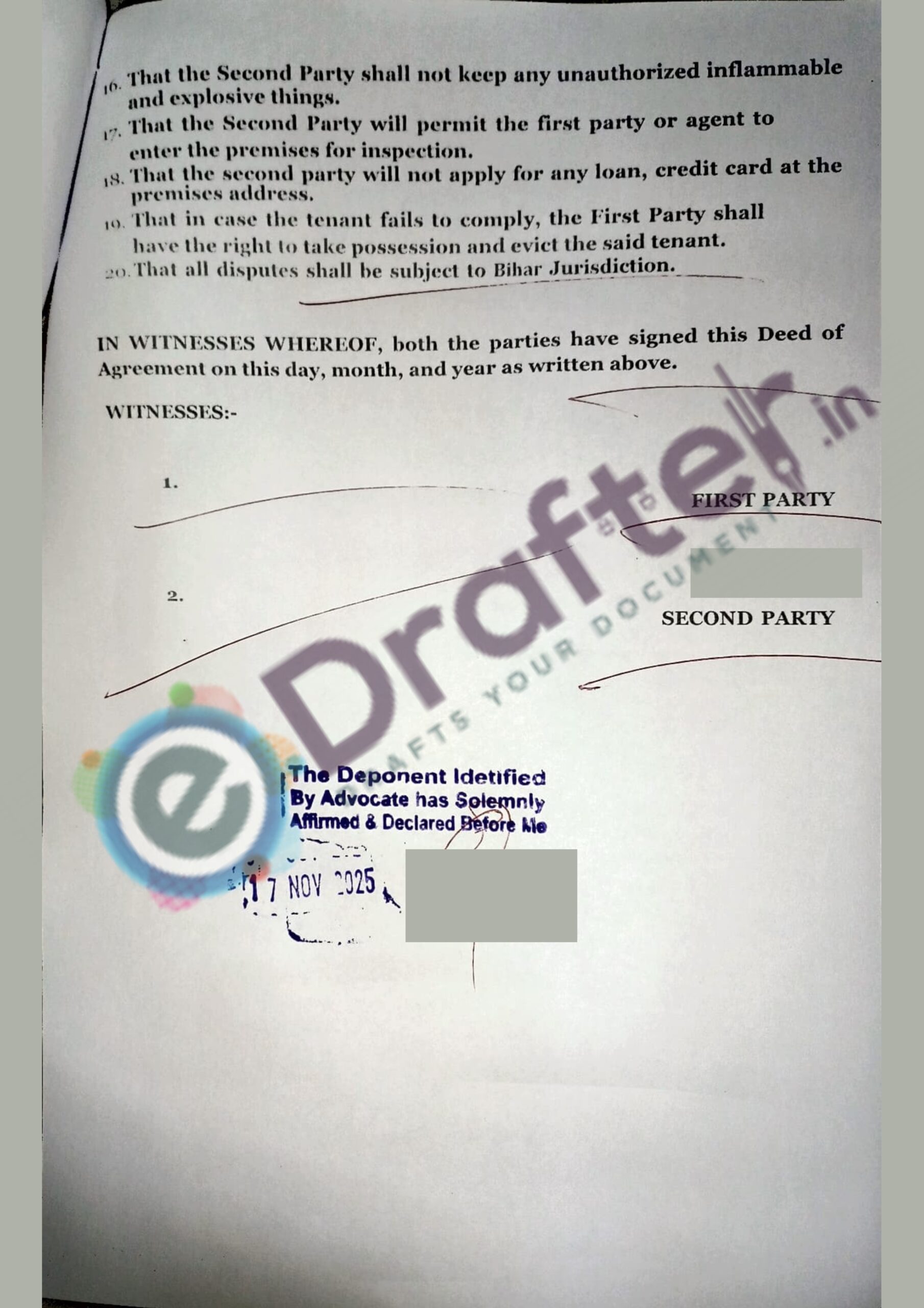 Bihar Rent Agreement Sample - Page No. 3