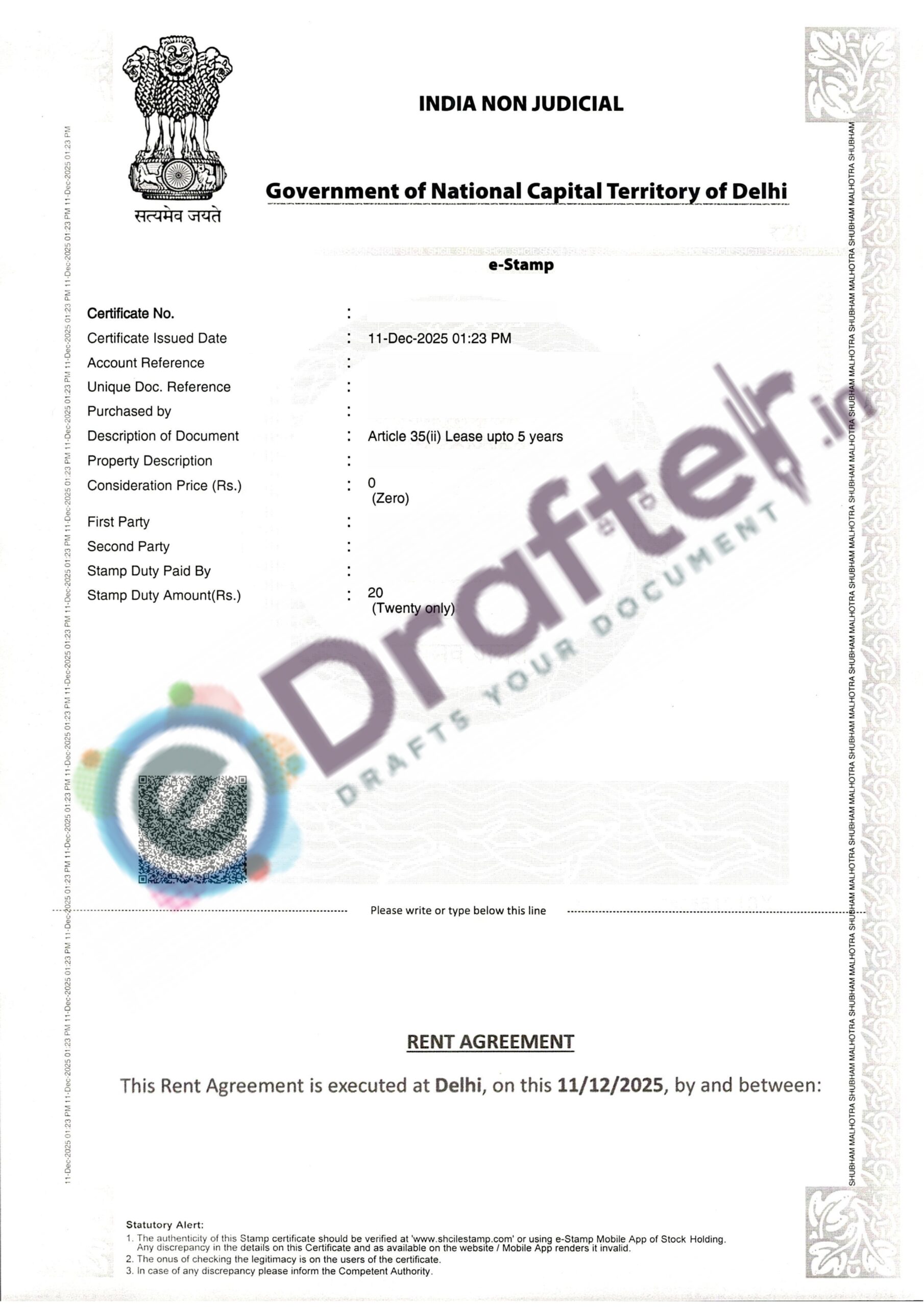 Delhi Rent Agreement Sample - Page No. 1