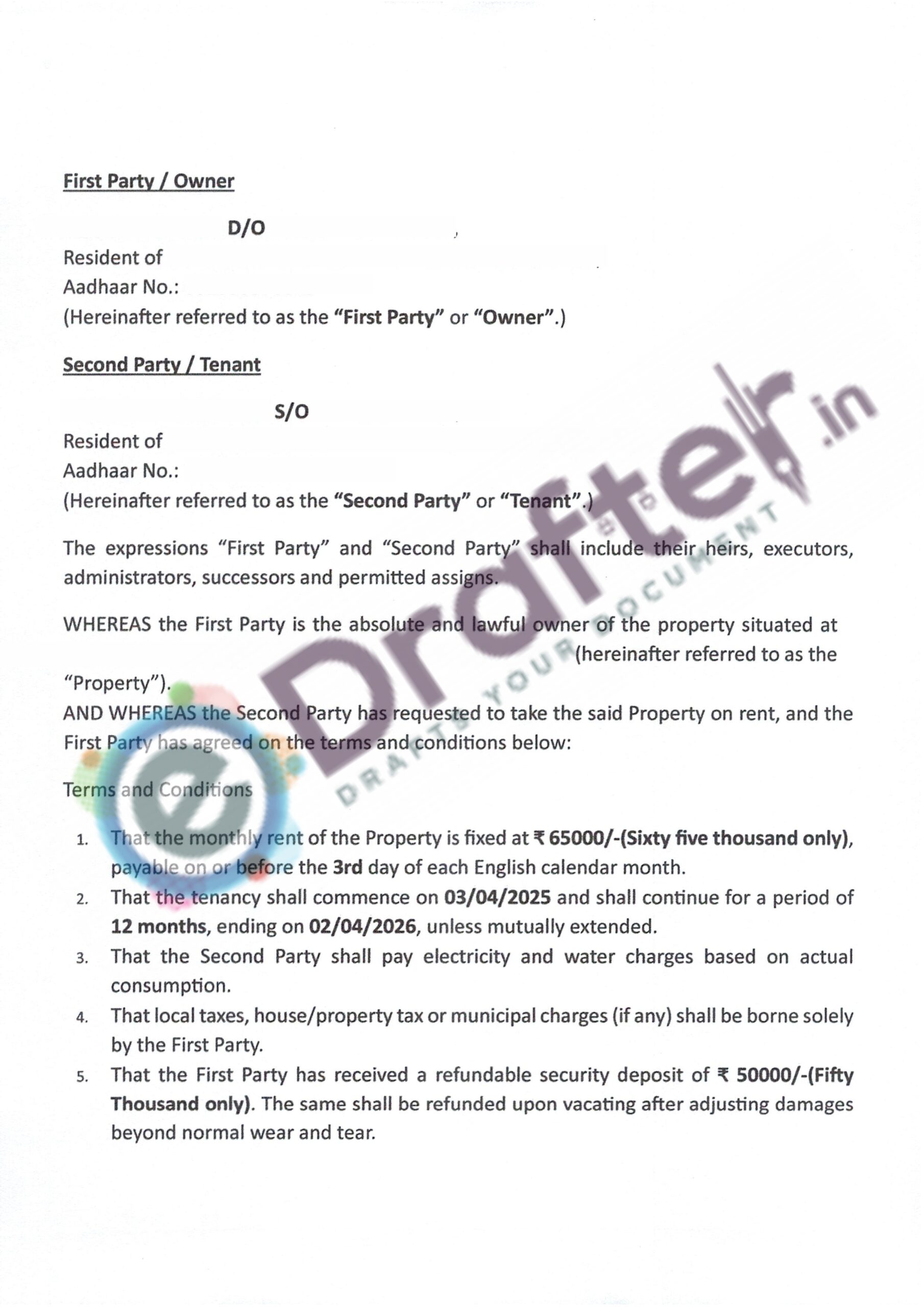 Delhi Rent Agreement Sample - Page No. 2