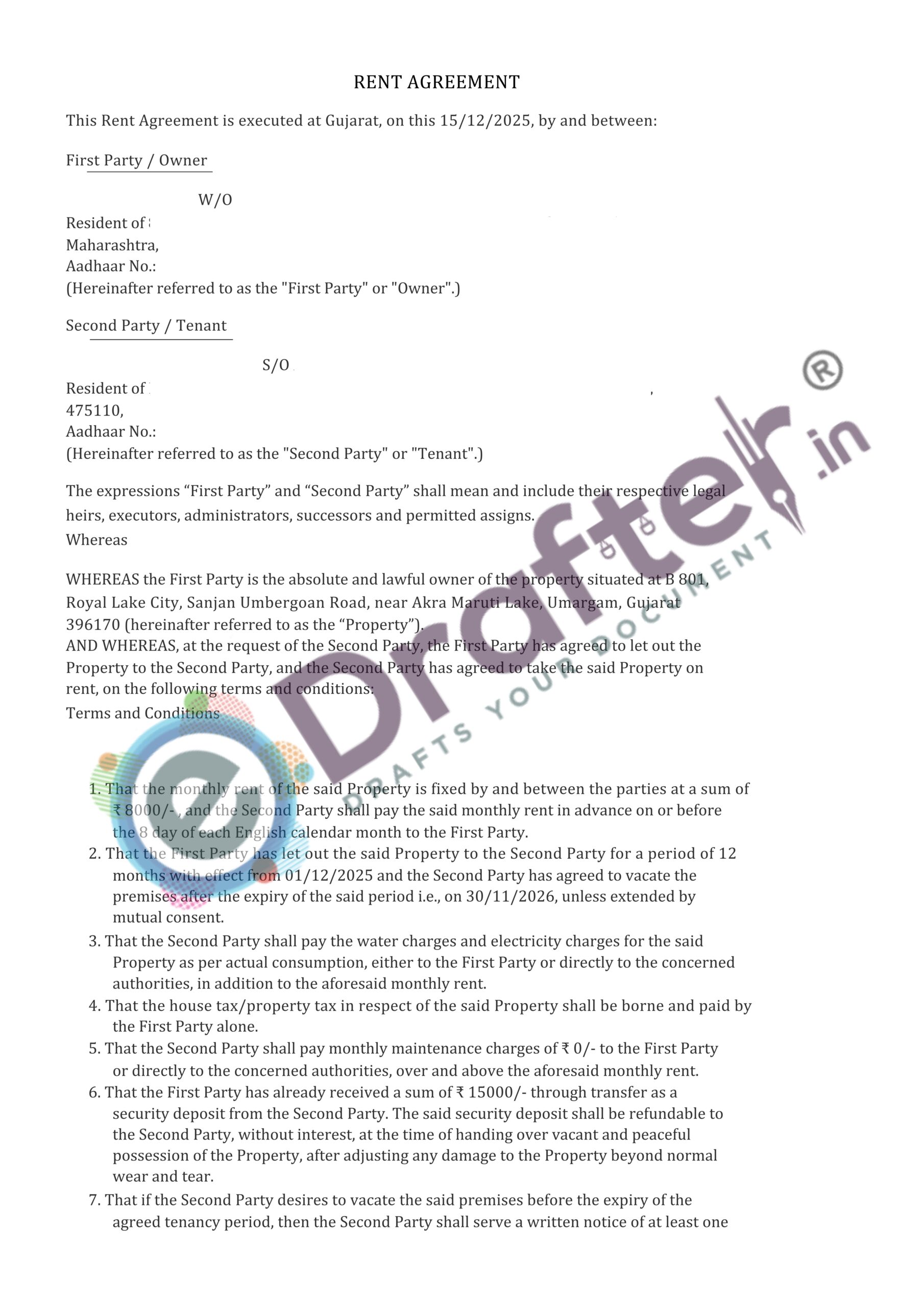 Gujarat Rent Agreement Sample - Page No. 2