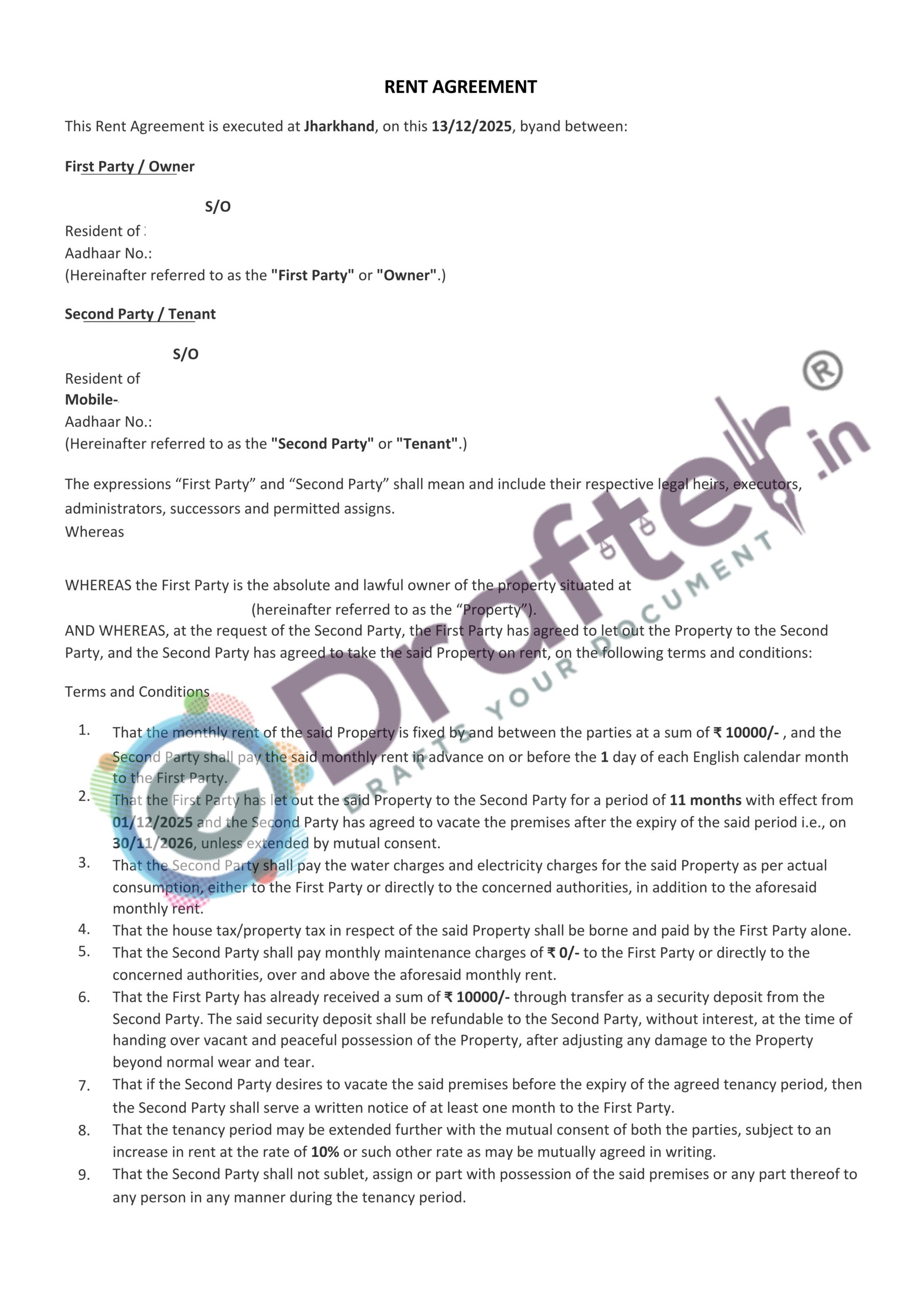 Jharkhand Rent Agreement Sample - Page No. 2