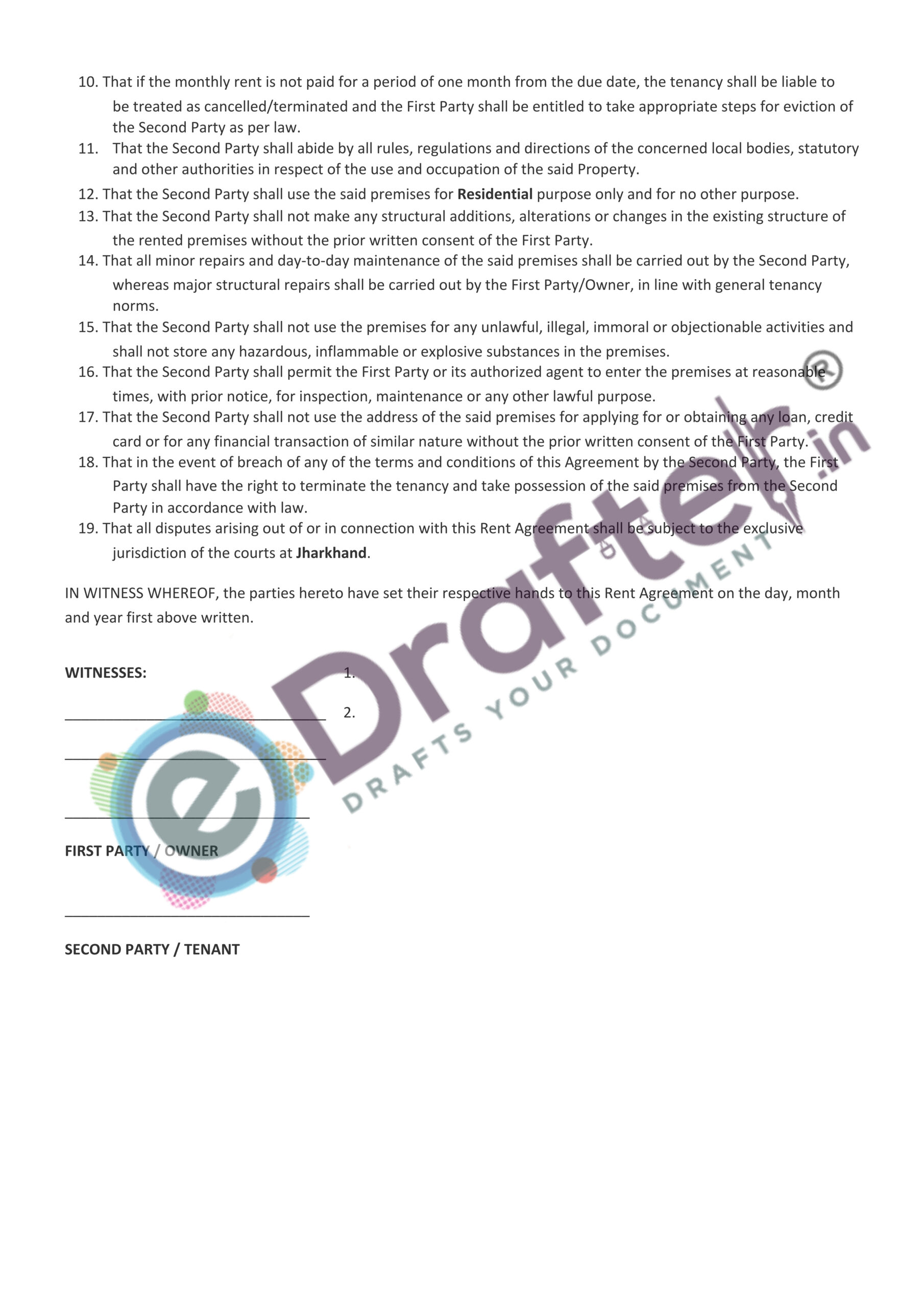 Jharkhand Rent Agreement Sample - Page No. 3