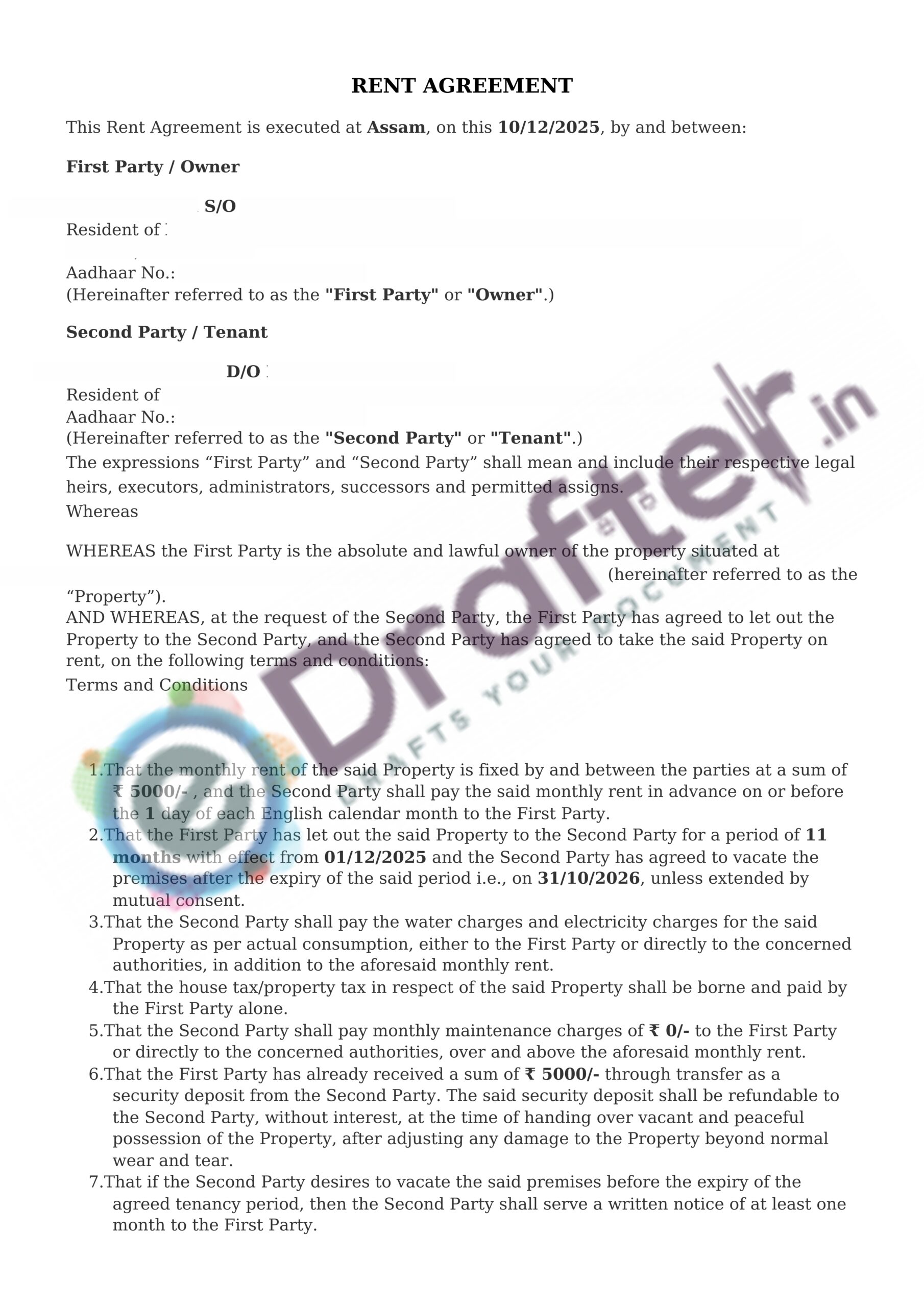 Rent Agreement Sample - Page No. 1