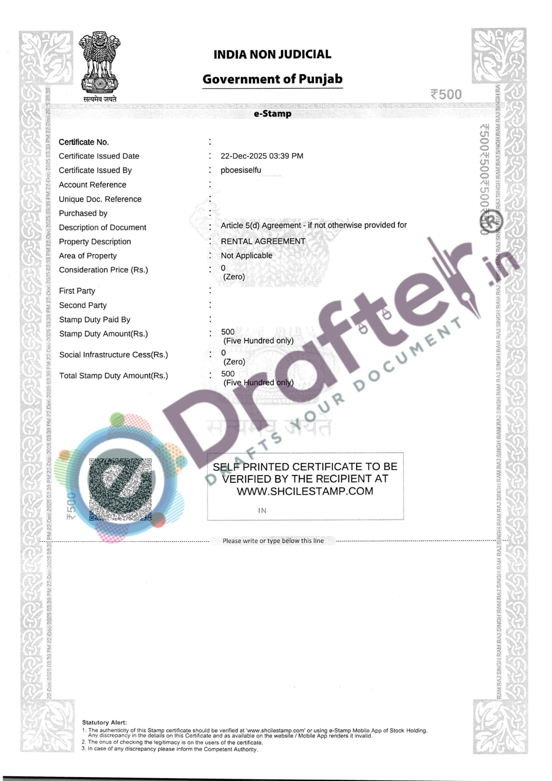 Punjab Rent Agreement Sample - Page No. 1