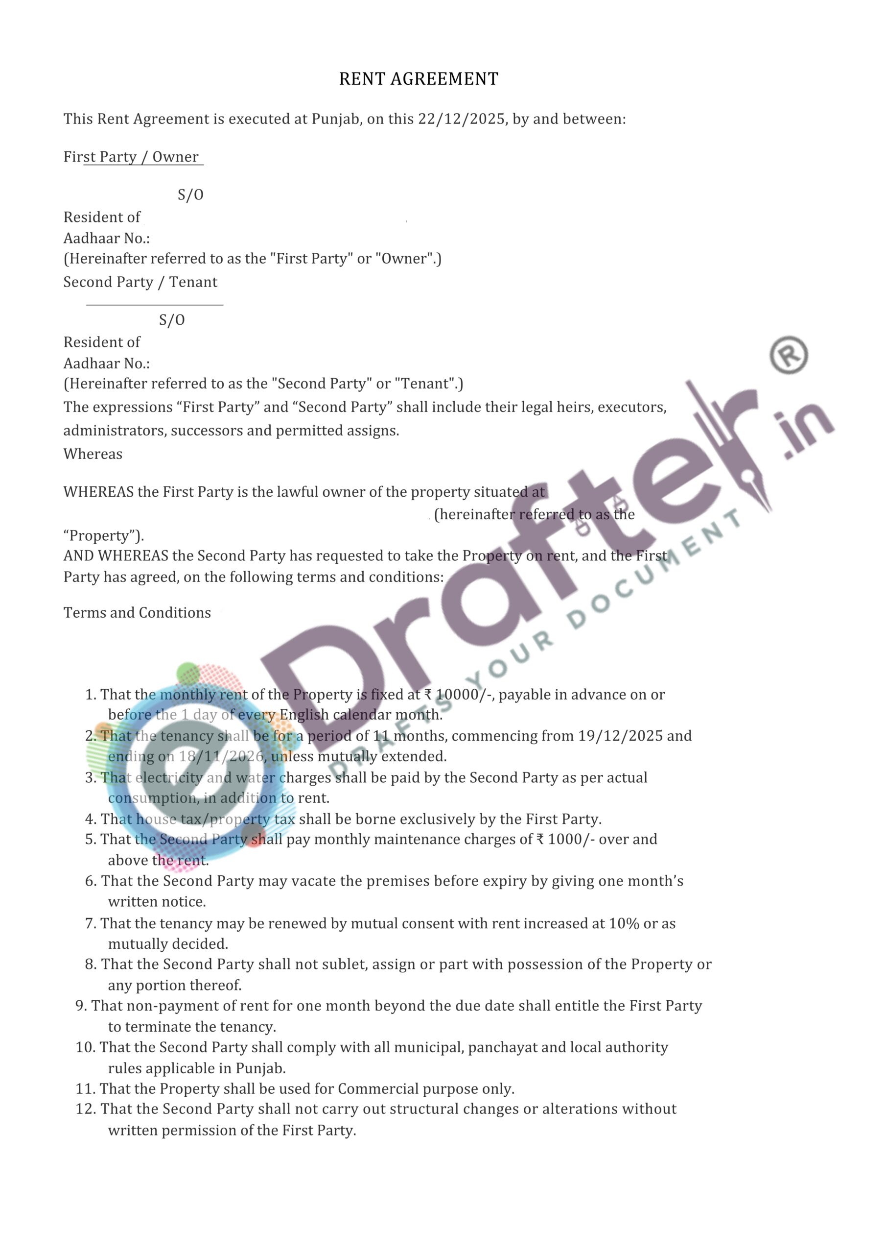 Punjab Rent Agreement Sample - Page No. 2