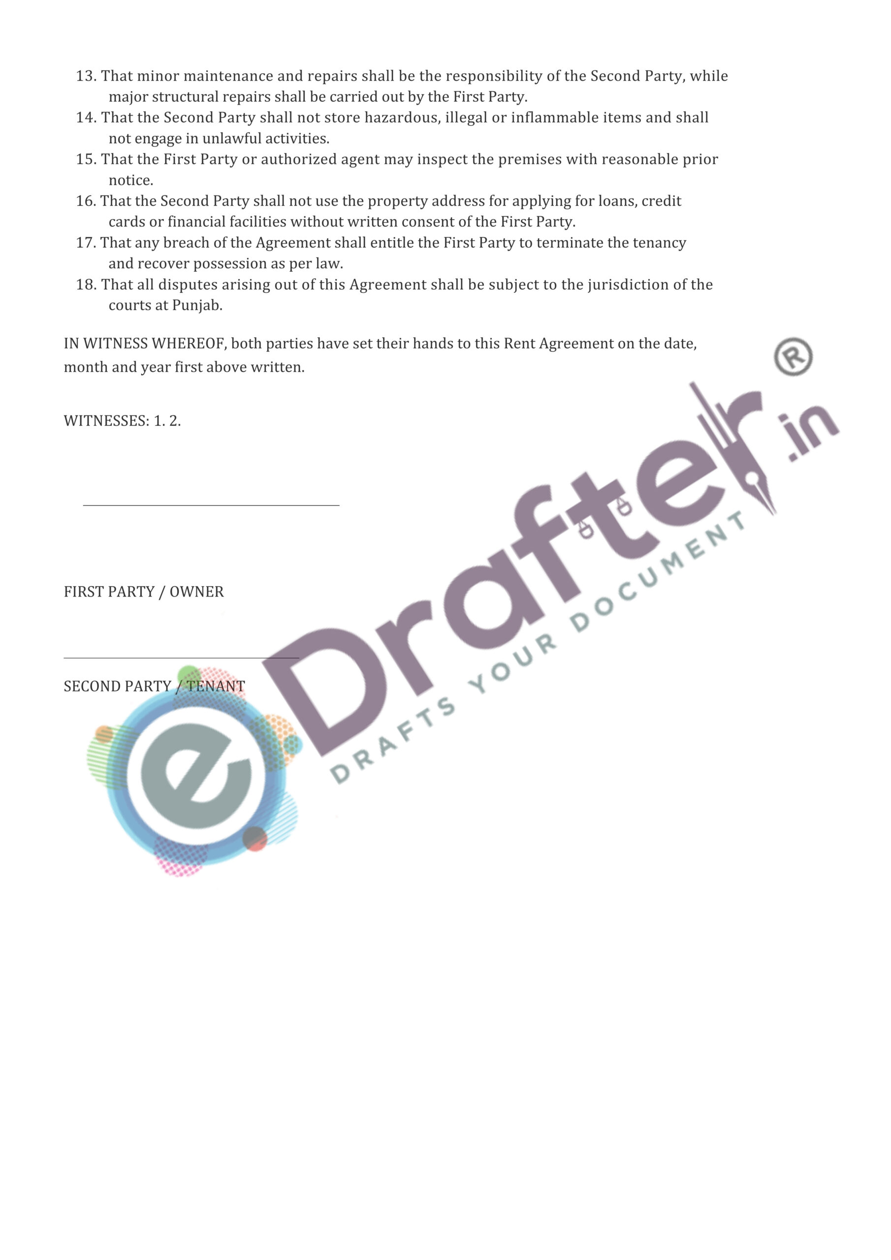 Punjab Rent Agreement Sample - Page No. 3