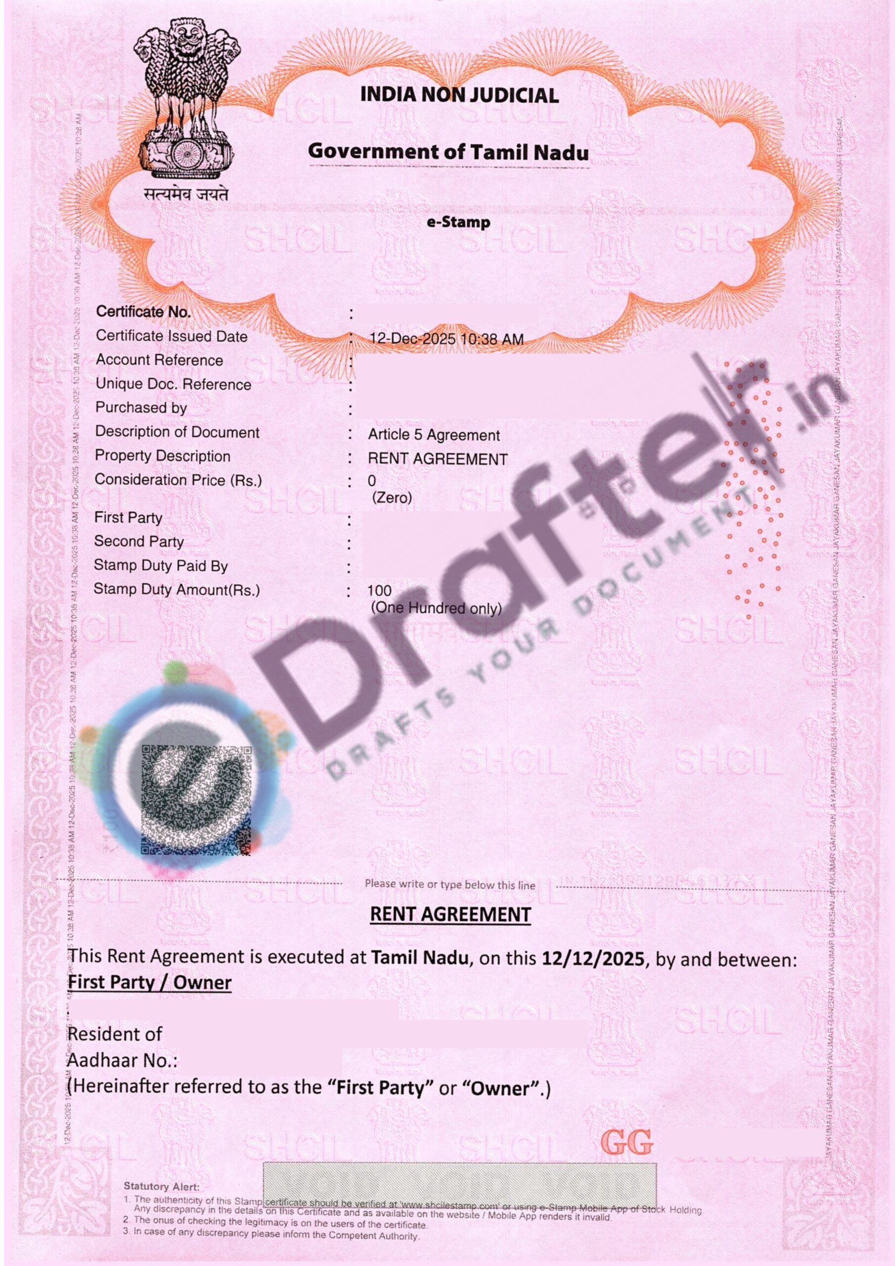 Tamil Nadu Pradesh Rent Agreement - Page No. 1
