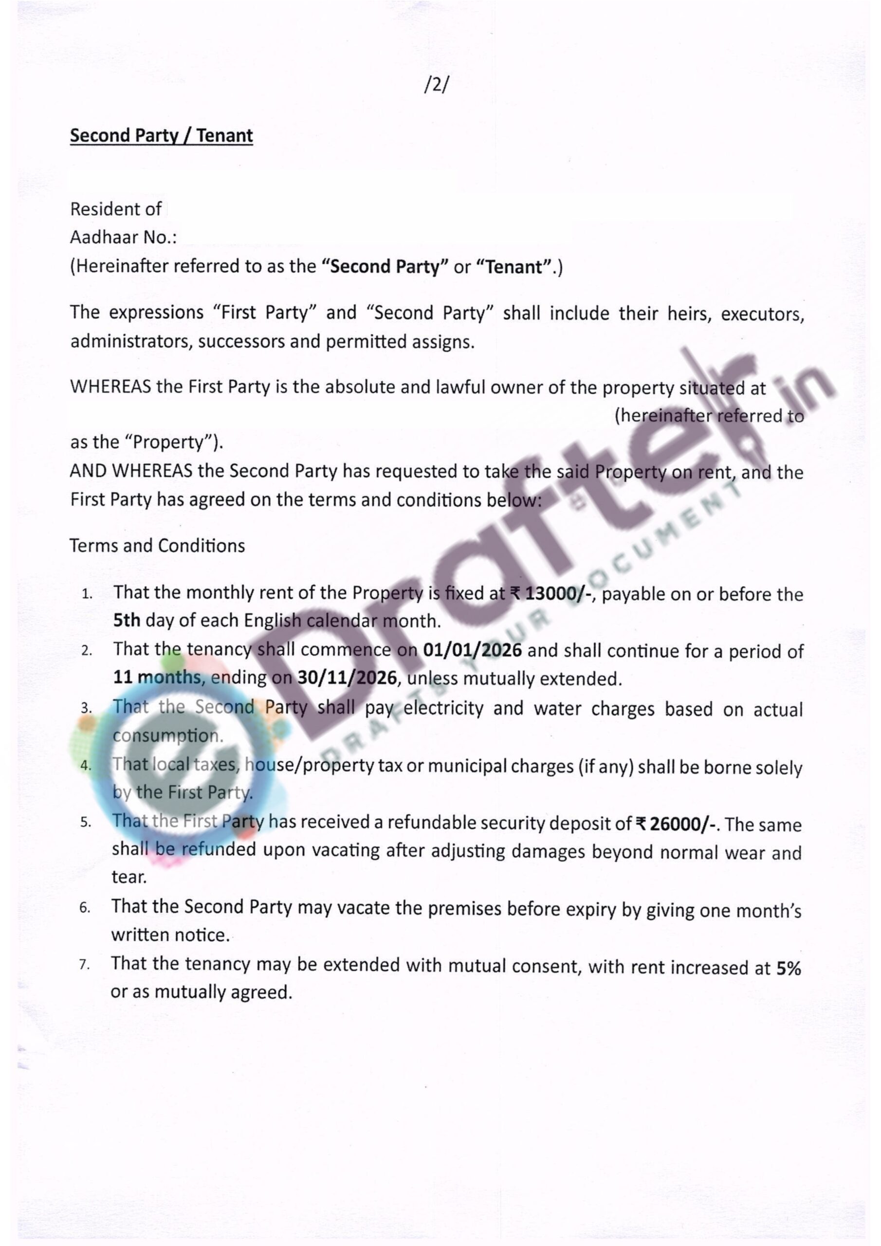 Tamil Nadu Pradesh Rent Agreement - Page No. 2