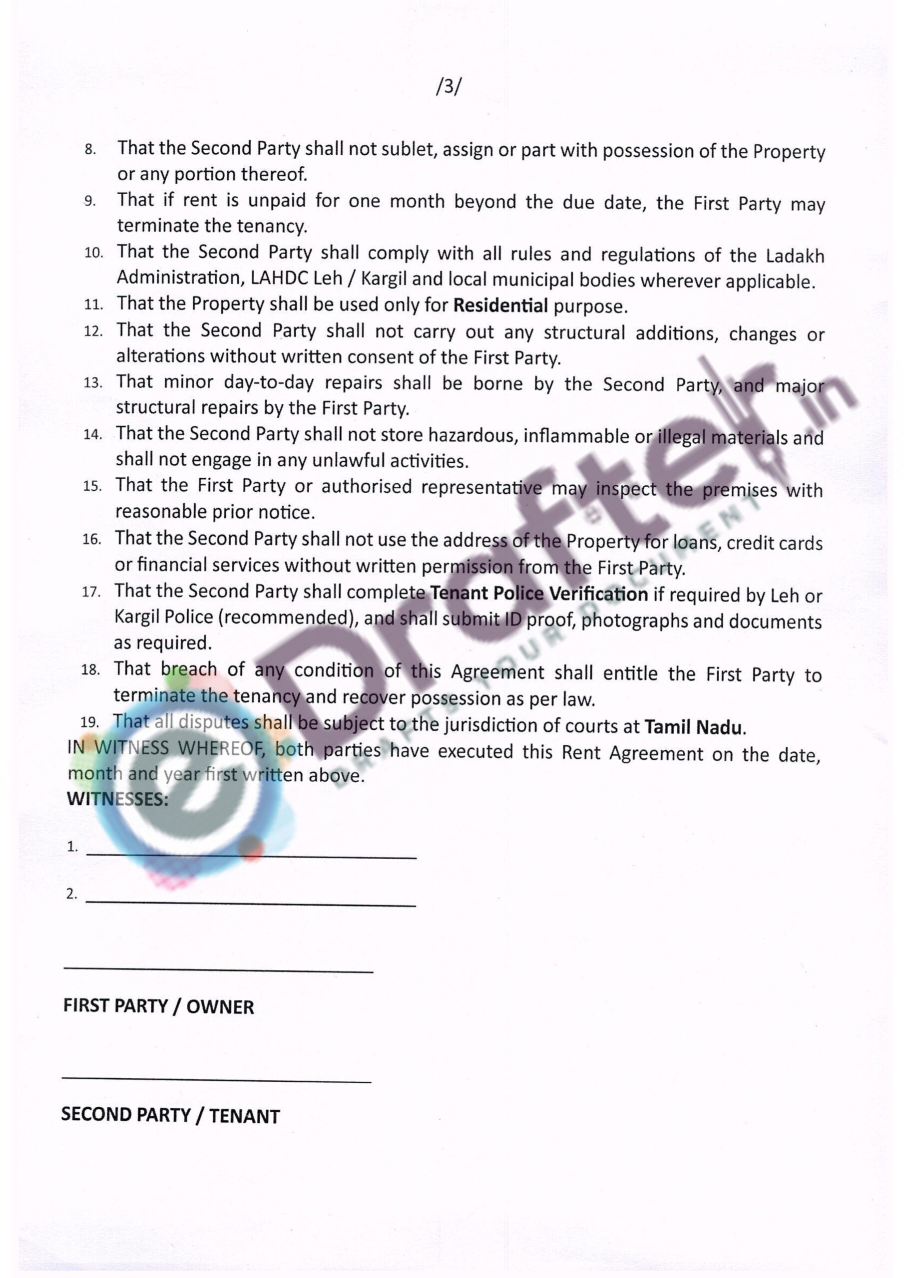 Tamil Nadu Pradesh Rent Agreement - Page No. 3
