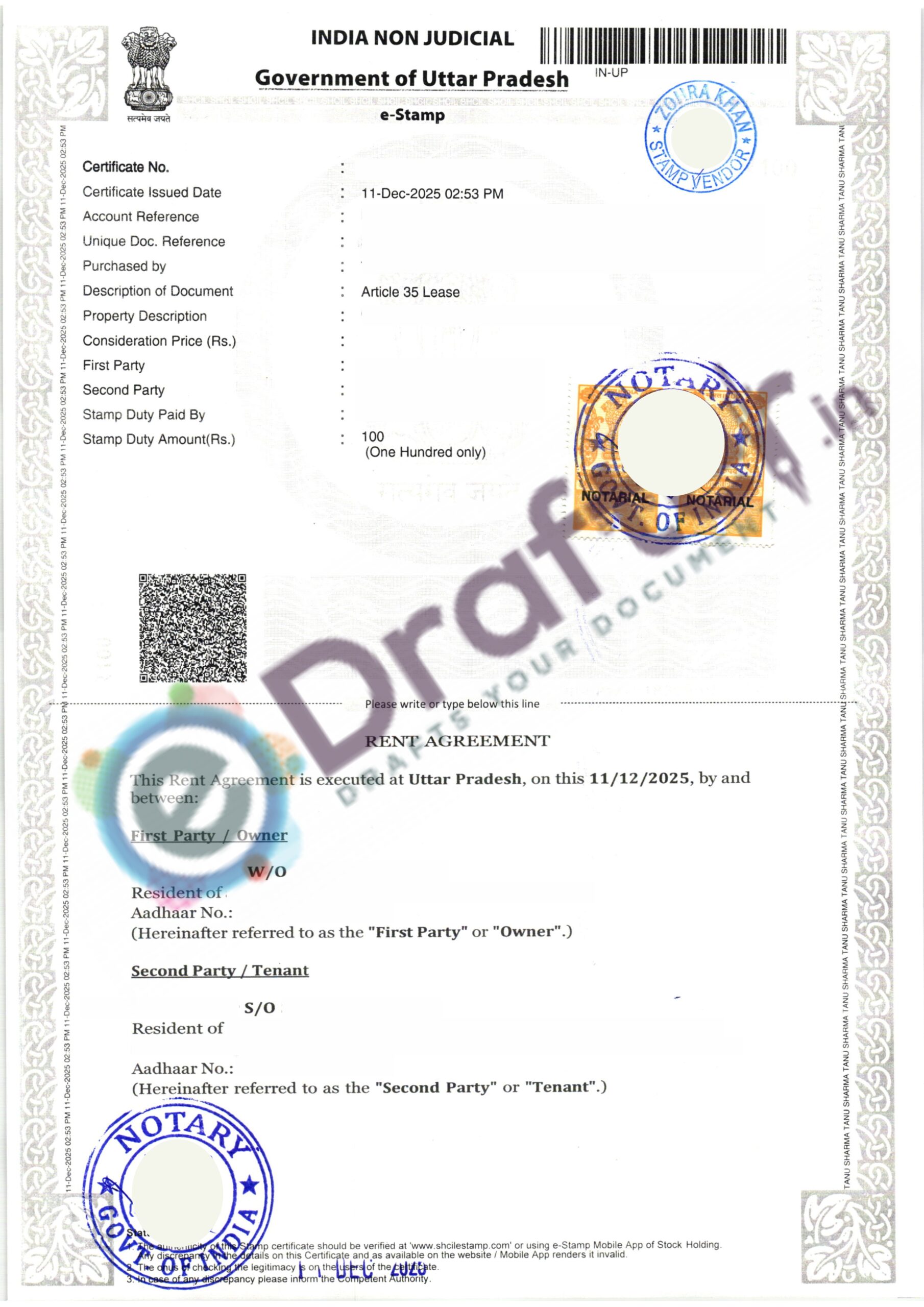 Uttar Pradesh Rent Agreement - Page No. 1