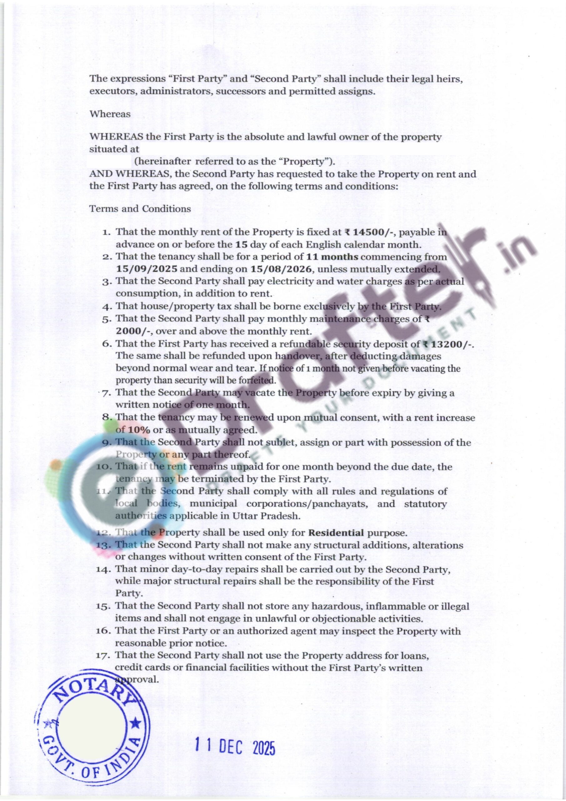 Uttar Pradesh Rent Agreement - Page No. 2