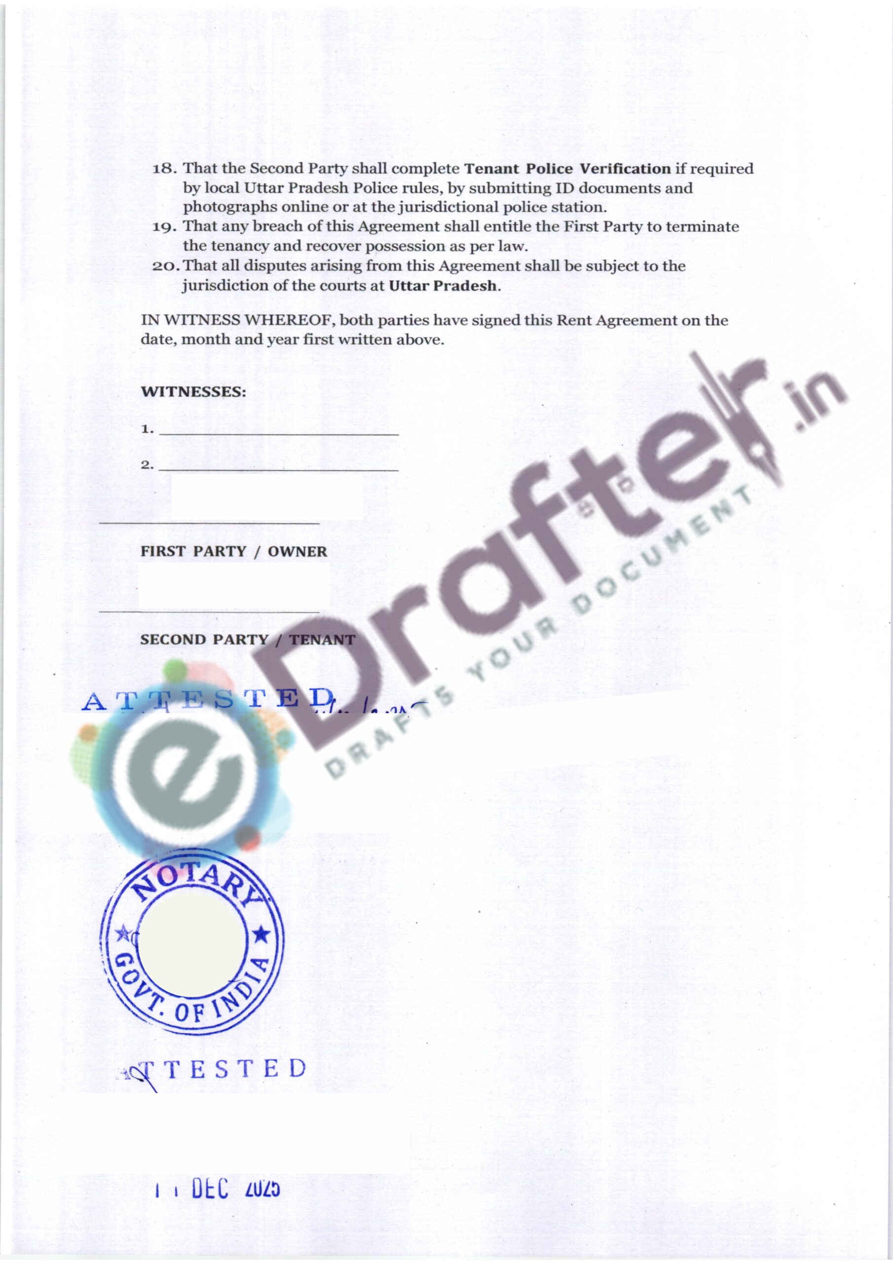 Uttar Pradesh Rent Agreement - Page No. 3