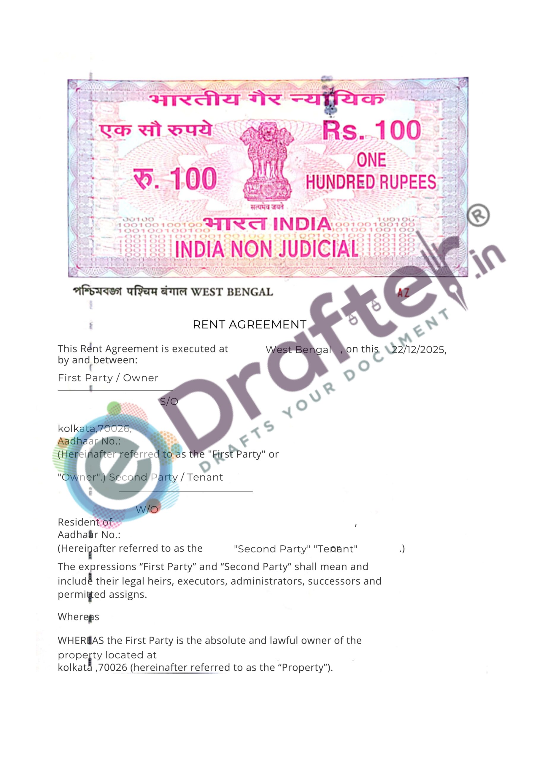 West bengal Rent Agreement Sample - Page No. 1