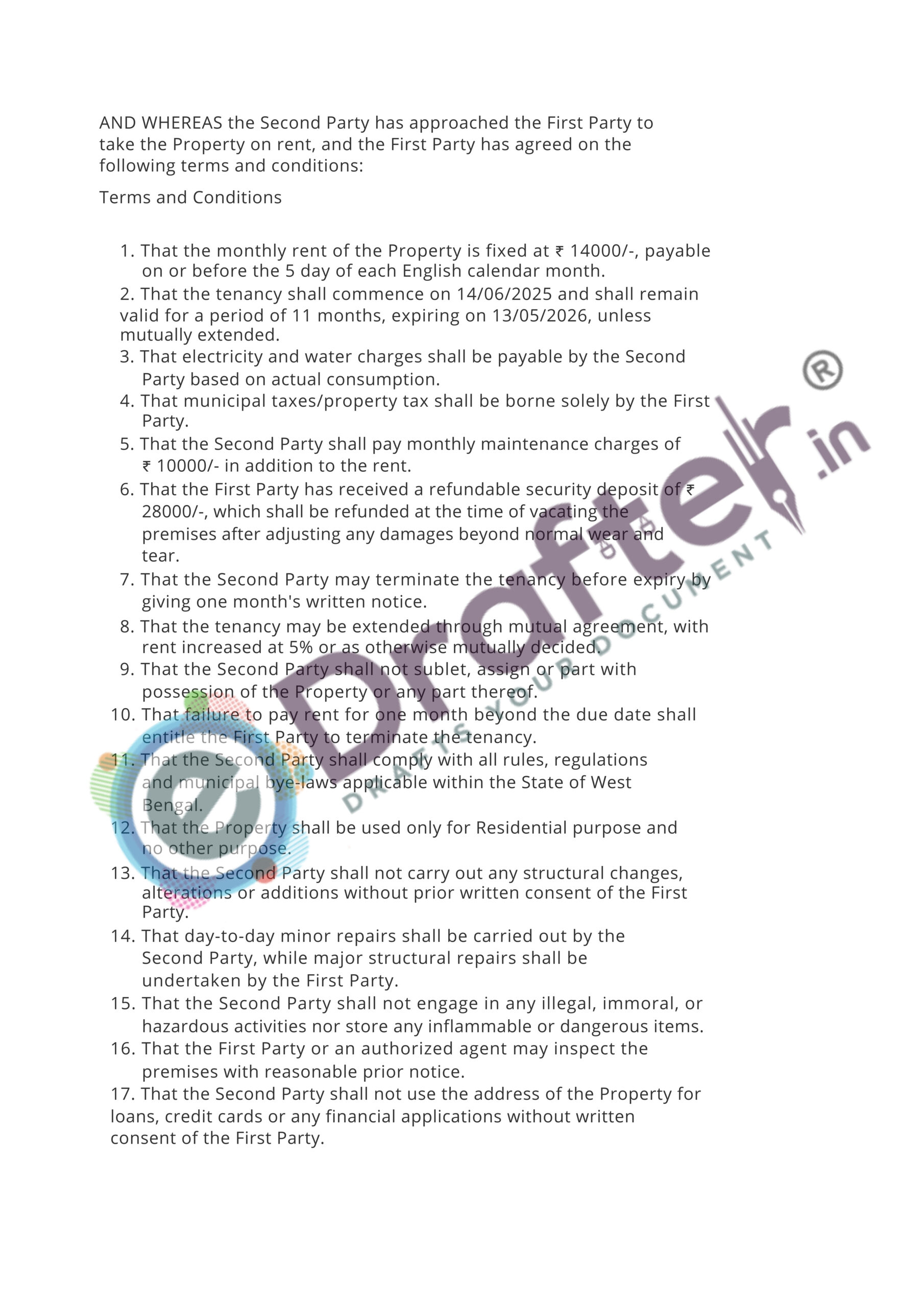 West bengal Rent Agreement Sample - Page No. 2