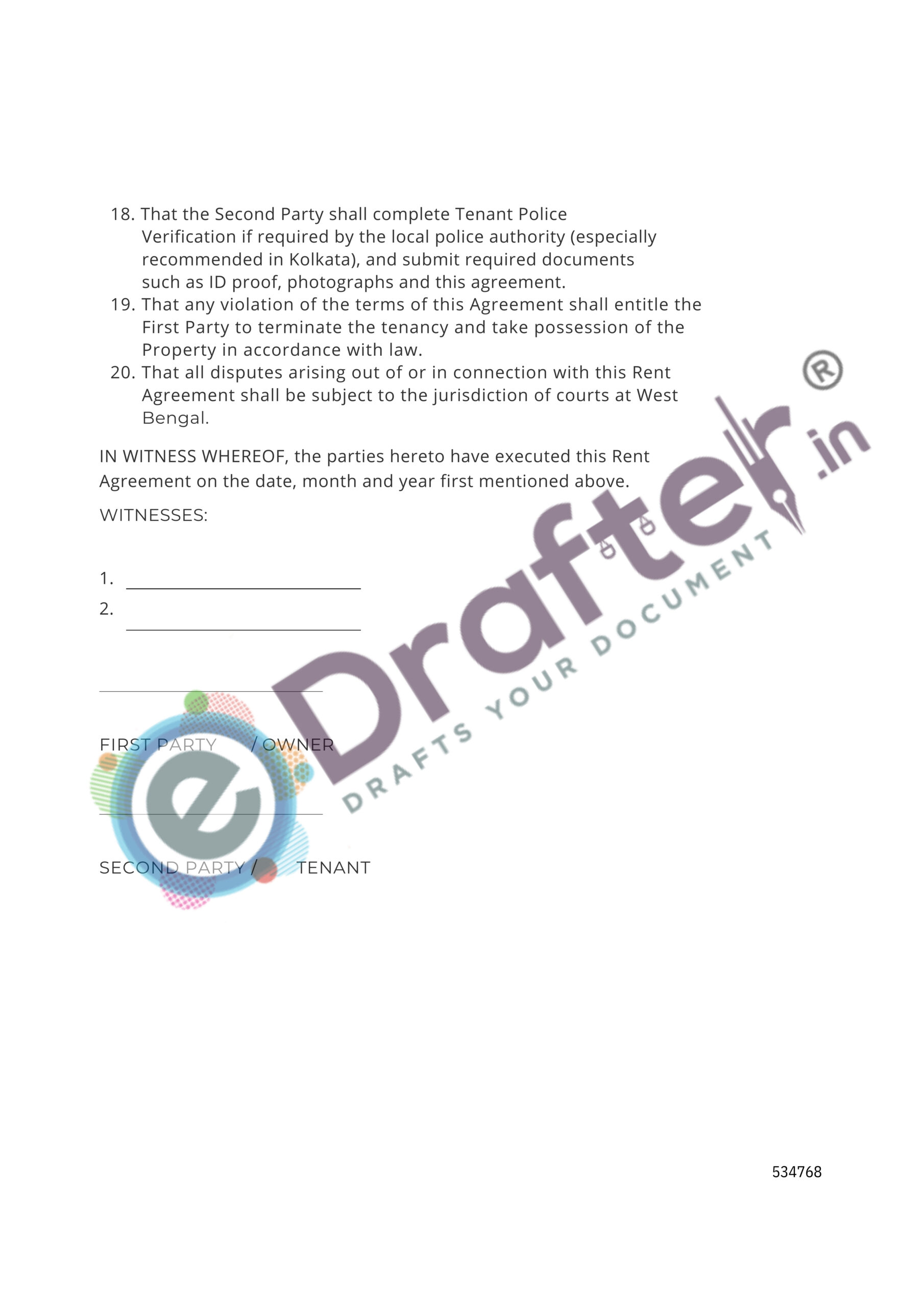 West bengal Rent Agreement Sample - Page No. 3