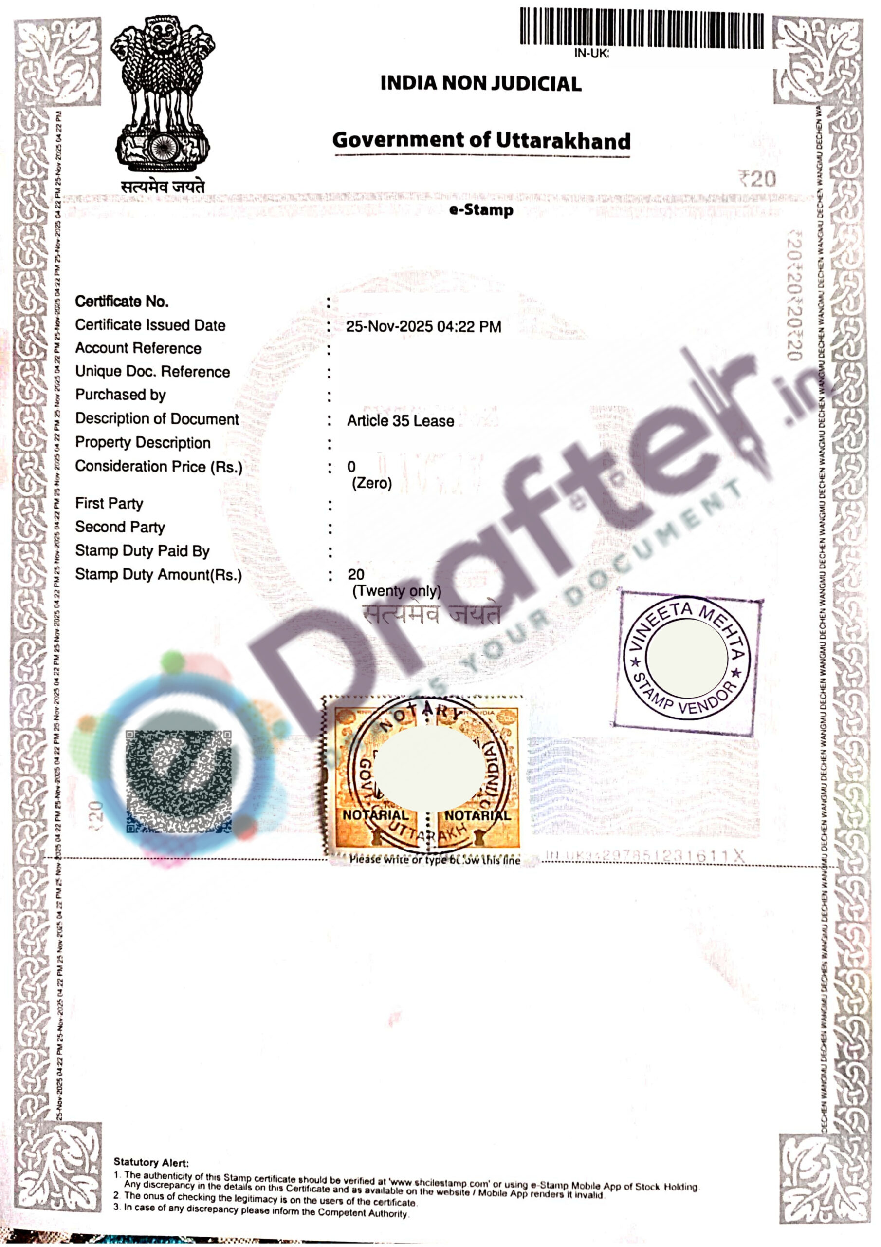 uttarakhand Rent Agreement - Page No. 1