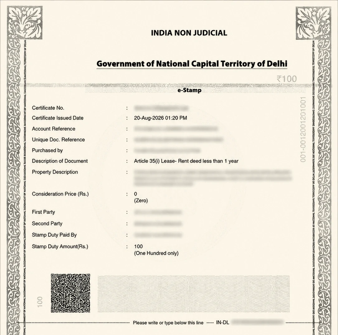 Non-judicial e-Stamp certificate issued by the Government of NCT of Delhi