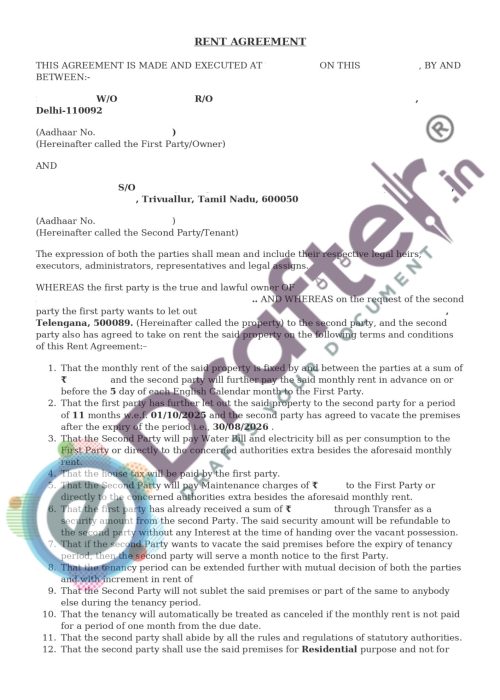 Rent Agreement Sample - Page 1