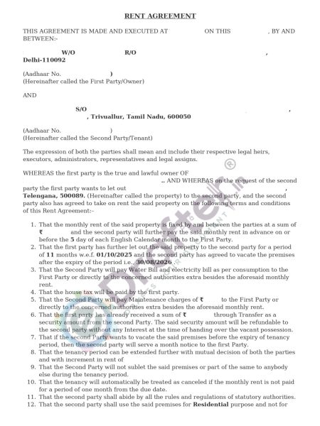 Rent Agreement Sample - Page No. 1